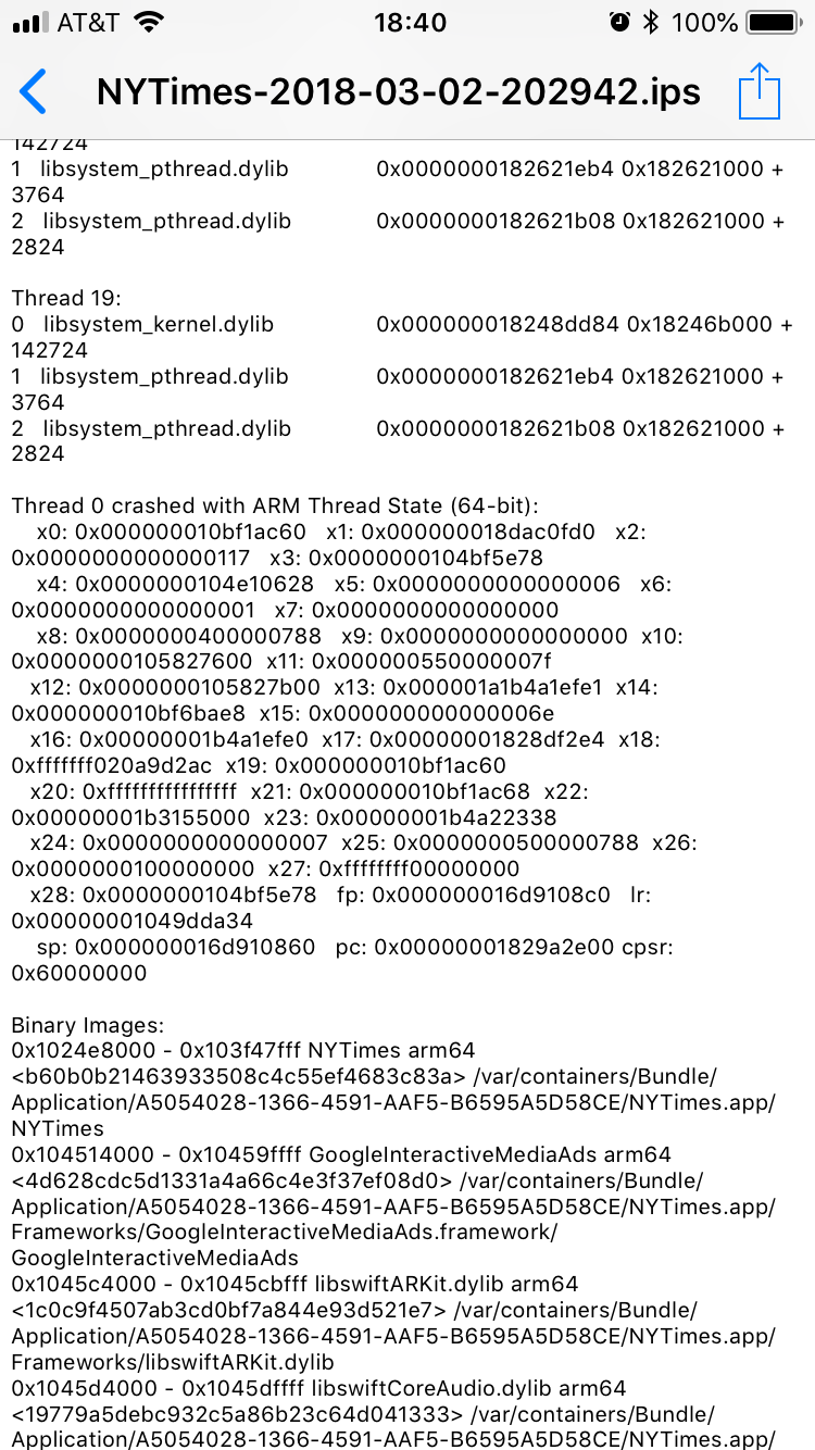 Register x18 in this NYTimes app crash log contains a kernel pointer.